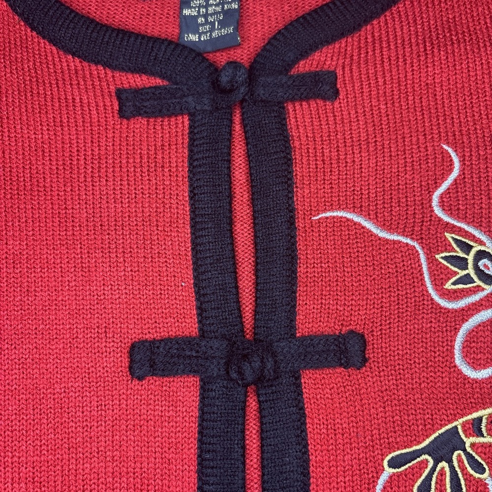 BOB MACKIE Wearable Art Sweater Women's Large Red Black Cardigan Dragon Elegant - Picture 5 of 11